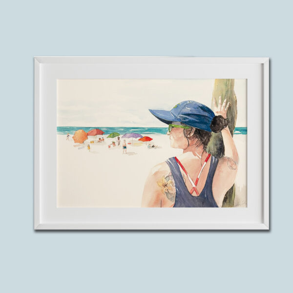 photograph of an original watercolor painting of lifeguard on clearwater beach florida