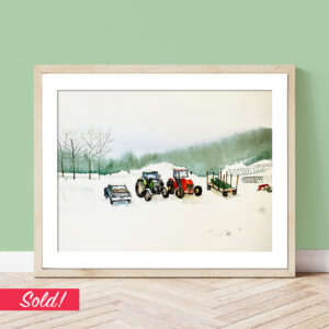 sherry shay original watercolor painting of tractors on a christmas tree farm near the Pocono Mountains