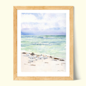 watercolor painting of seagulls on the beach in miami