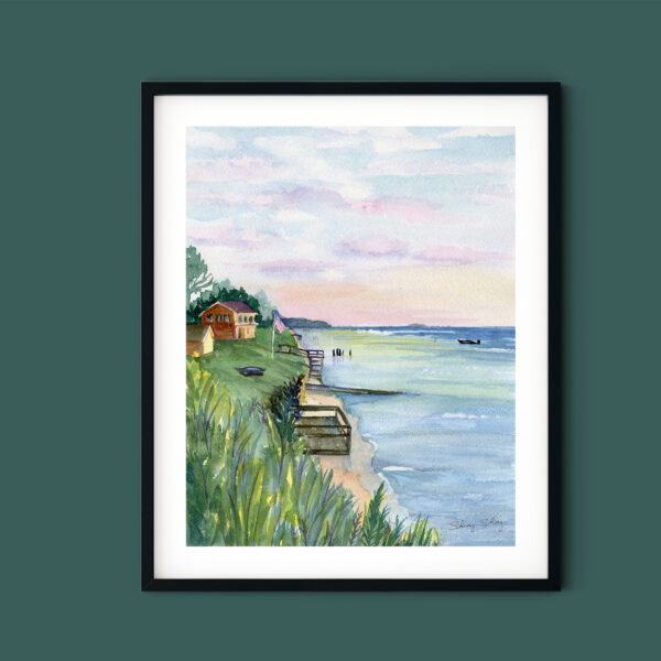 original watercolor painting of home on the bay