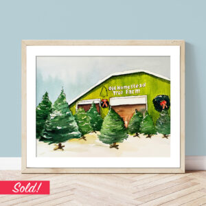 photograph of an original watercolor painting of a christmas tree farm near the pocono mountains